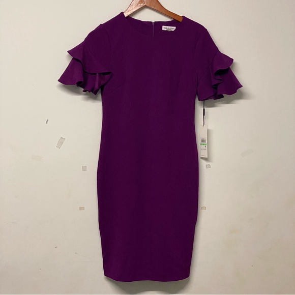 Calvin Klein Flutter Sleeve Scuba Crepe Sheath Dress Office Work Career Purple 8 - Picture 1 of 6